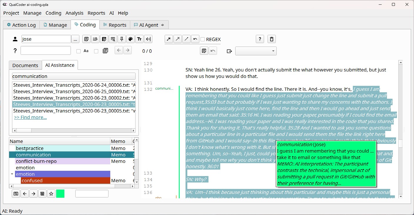 Screenshot of the AI-assited coding results, with a passage coded following the AI suggestion, and showing a memo included