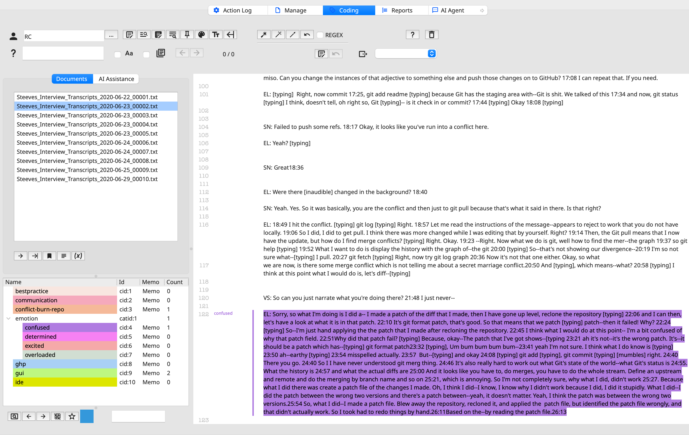 Screenshot of the code text workspace with a passage of text coded