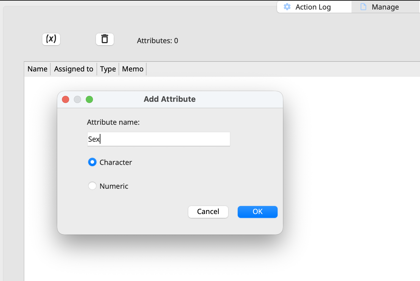 Screenshot showing the Manage Attributes window while adding an attribute