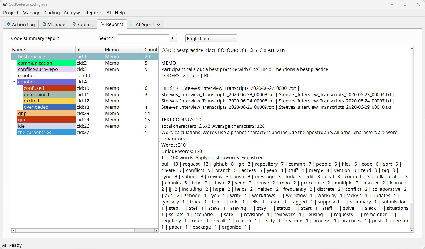 Screenshot of the Code summary tool