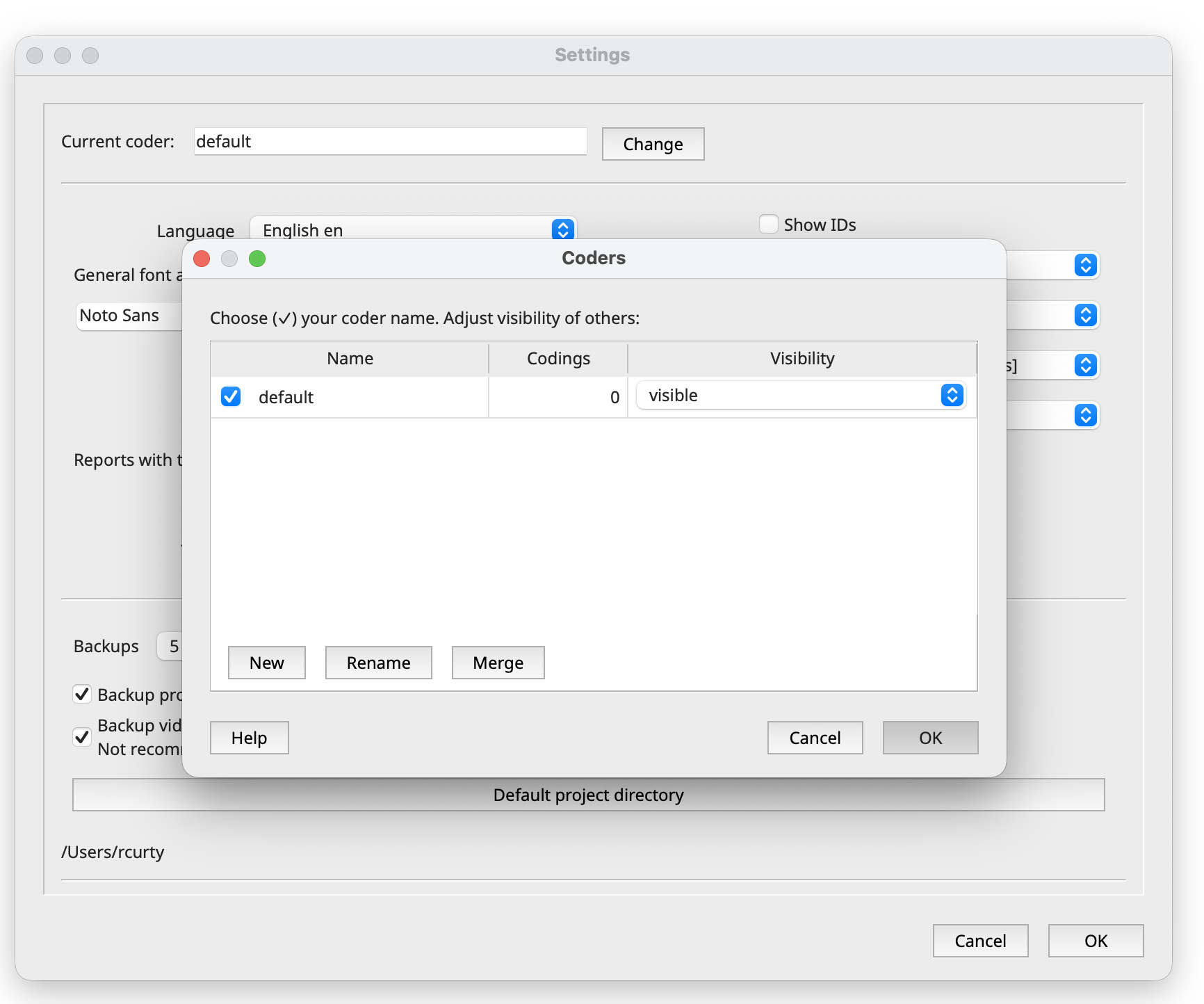 Window to change the name of the coder and add new coders in QualCoder