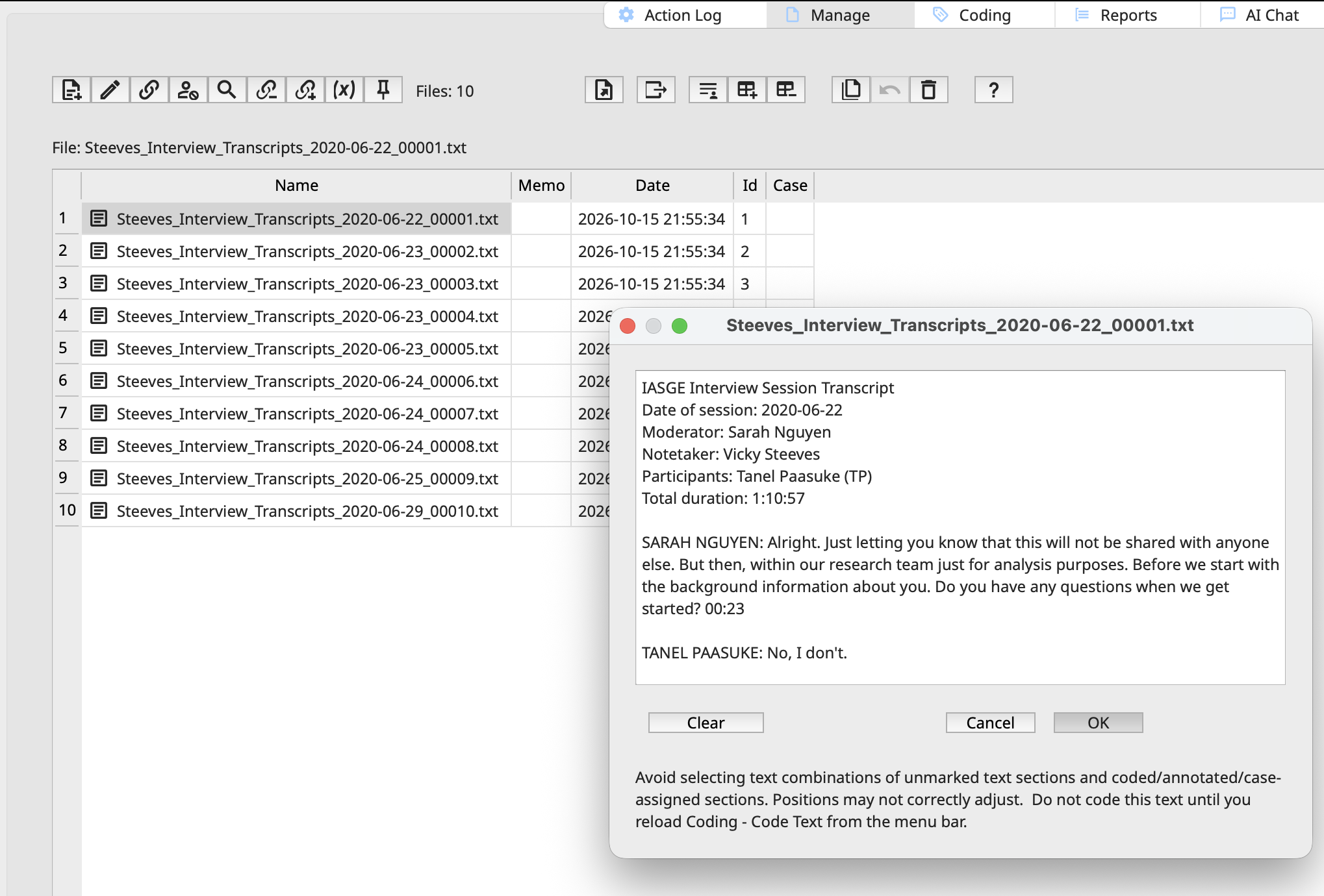 Screenshot showing the imported files and a window with the contents of one of them