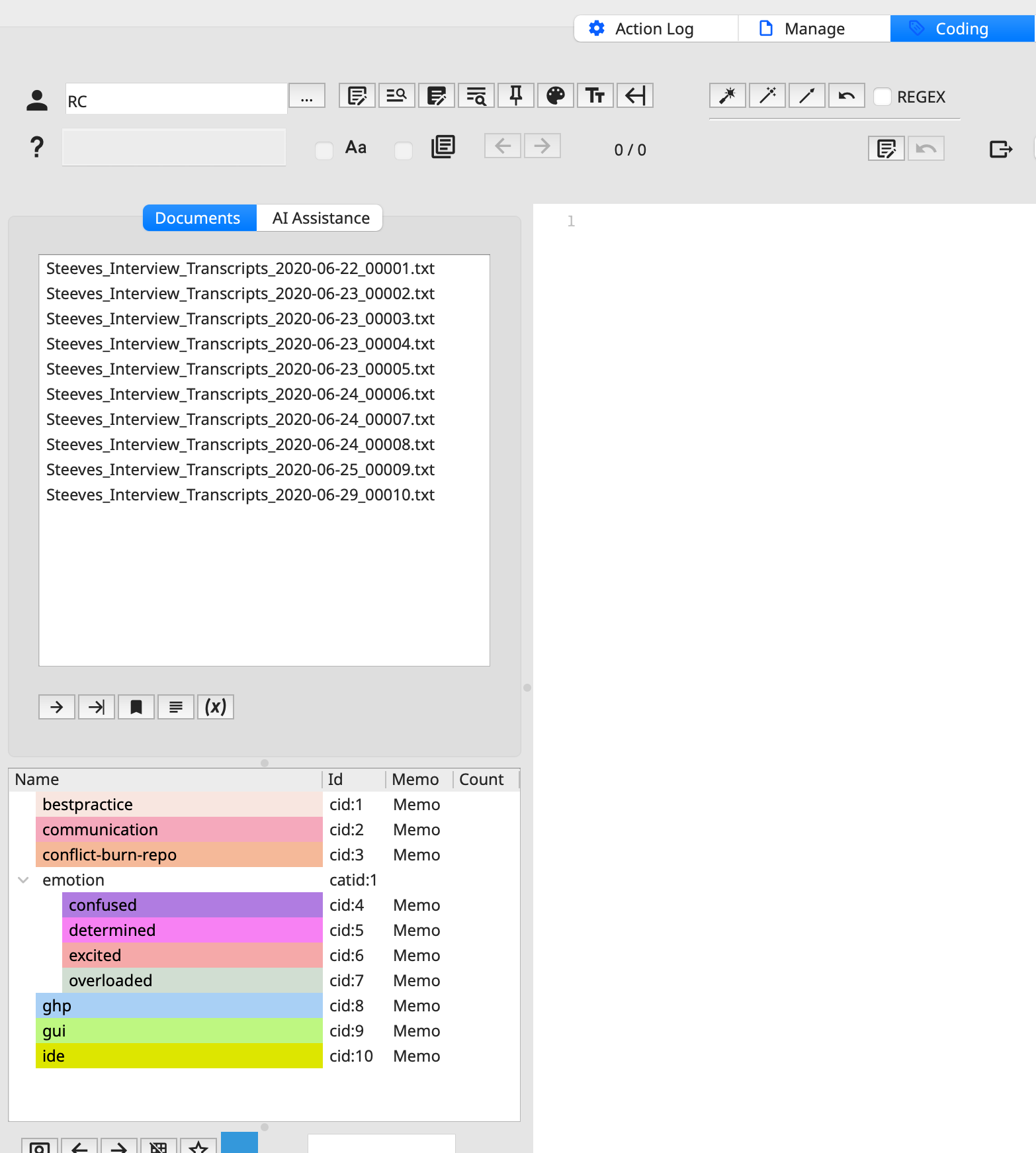 Screenshot of the code text workspace, with the files at the top-left and the imported codes at the bottom-left
