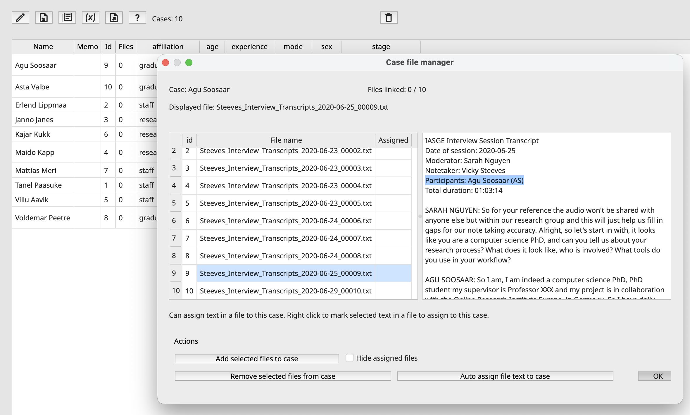 Screenshot of successful linkage of files to their specific cases.