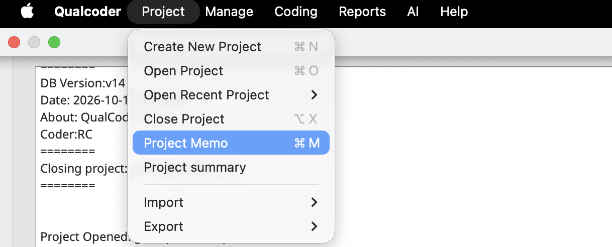 QualCoder screenshot of the options inside the Project menu