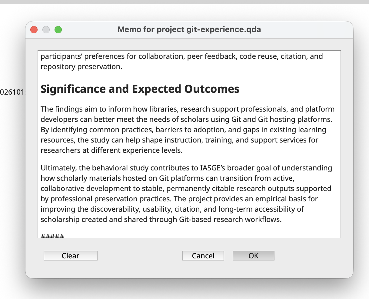 Screenshot of the project memo window
