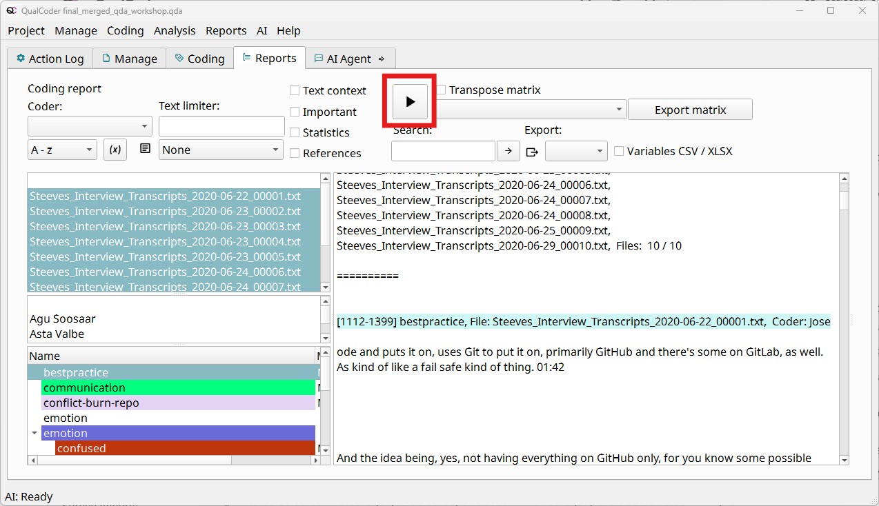 Screenshot of the code retrieval window, selecting all files, the bestpractice code, and highlighting the run button that shows the results